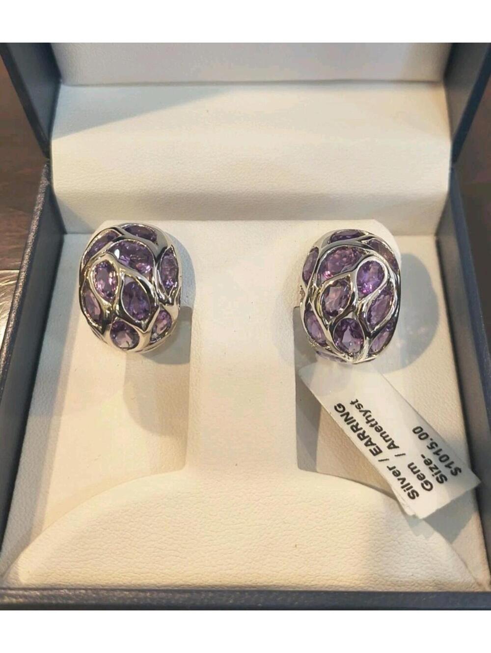 925 Sterling Silver Genuine Amethyst Cluster Leverback Filigree Earrings
